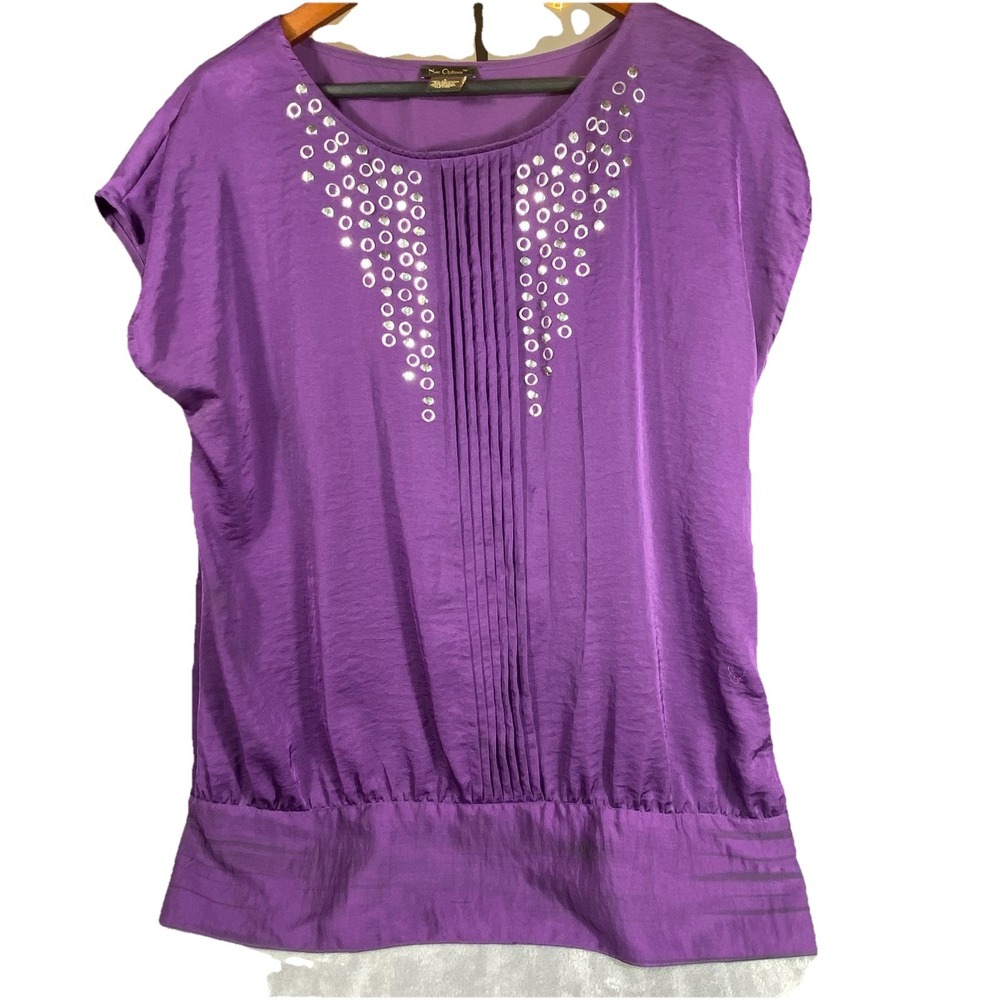 Fall Purple Women Top Large Embellished Silver Detail Silky‎ Short Sleeve Career